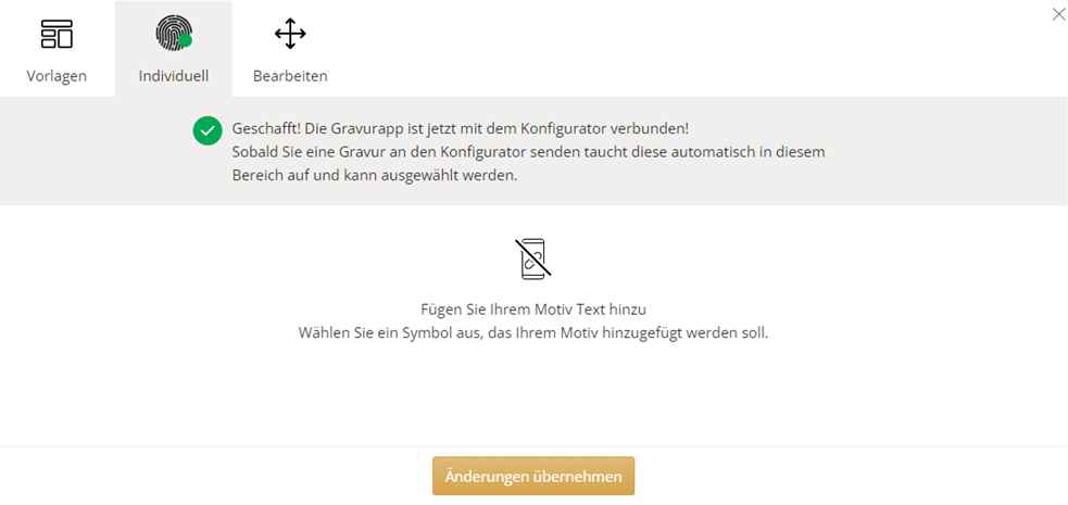Erfolgreiche Verbindung mit dem Innengravur-Konfigurator