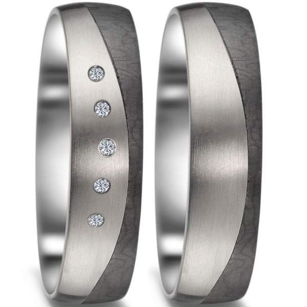 Zauberhaftes Carbon küsst Titan Eheringe mit 5 Brillanten im Bogen gefasst