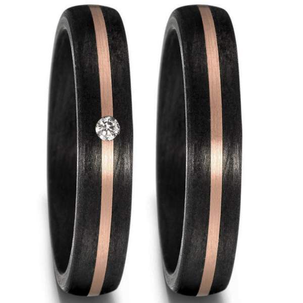 Schmale Carbon Ringe mit 585 Roségold Band und einem Brillant