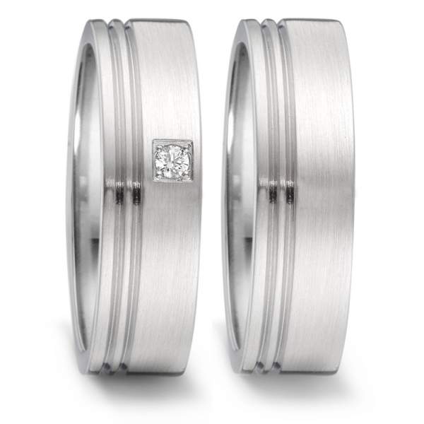 Längsmatte Edelstahl-Verlobungsringe mit Brillant und zwei Rillen von TeNo