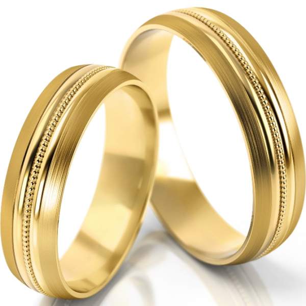 Matte Trauringe Gelbgold (333) ohne Steine mit Perlierung und polierten Goldstreifen