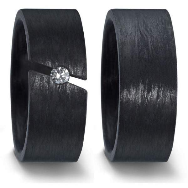 Breite schwarze Carbon Ringe Damenring als Spannring mit einem 0,10ct Brillant