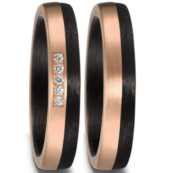 Roségold umwickelt von dunklem Carbon der Damenring ist mit 5 Brillanten bestückt