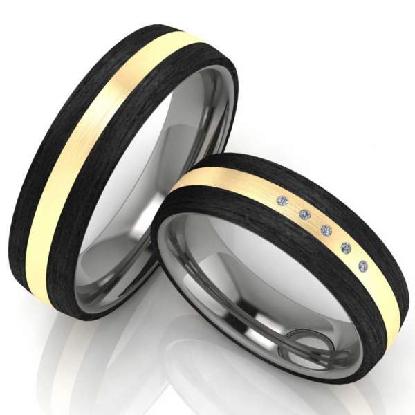 Carbon-Gelbgold-Kontrast mit 5 Diamanten auf Titanring